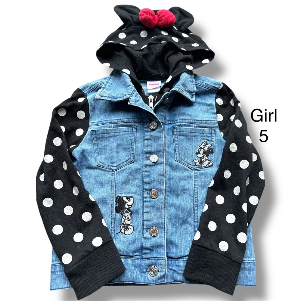 Minnie mouse jean jacket hoodie with mickey ears bow and polka dot. Girl Size 5
